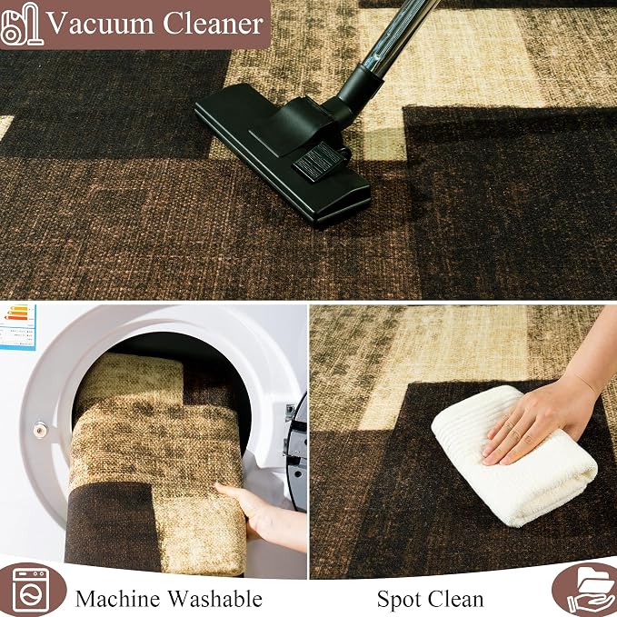 Modern Geometric Patchwork Indoor Area Rug for Living Room, Warm Taupe 5x7 Large Rug Rockwood Collection Hardwood Floors Decor for Bedroom, Taupe Throw Carpet for Office Entryway Dining Room