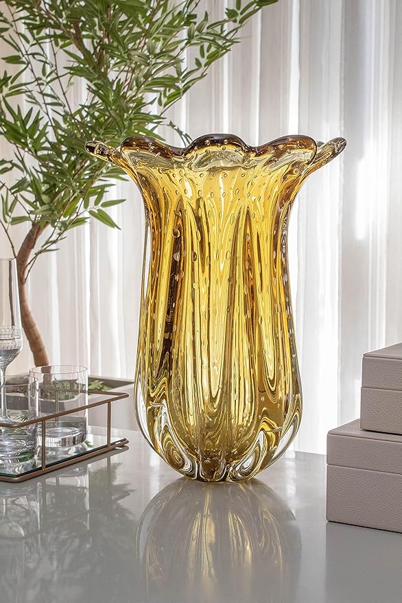Extra Large Blown Glass Vase Amber, Everest Model, Murano-Style, Handcrafted Brazilian Glass Art, Floral Arrangements, Home Decor, 21.8 lbs