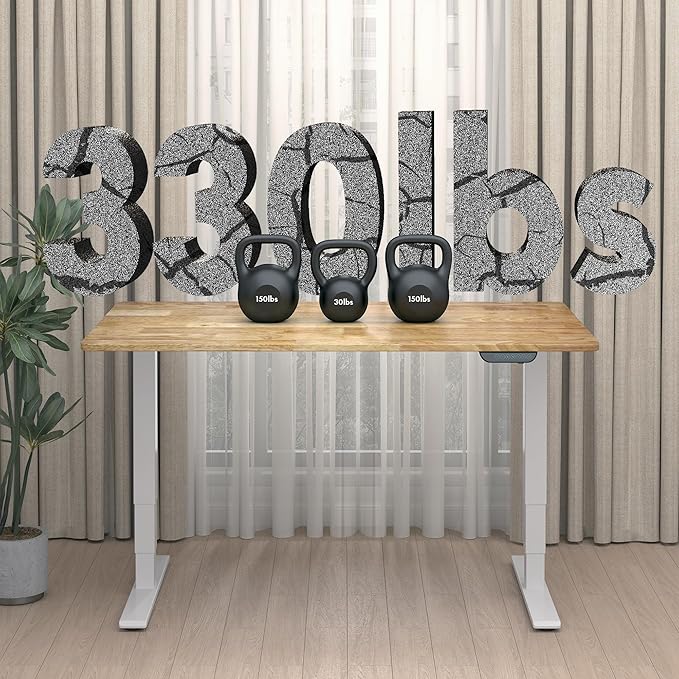 FLEXISPOT E6 MAX Rubber Wood Dual Motor 3 Stages Standing Desk 63x24 Inch Whole-Piece Board Electric Height Adjustable Stand Up Desk 150KG Load Capacity(White Frame + Rubber Wood Desktop)