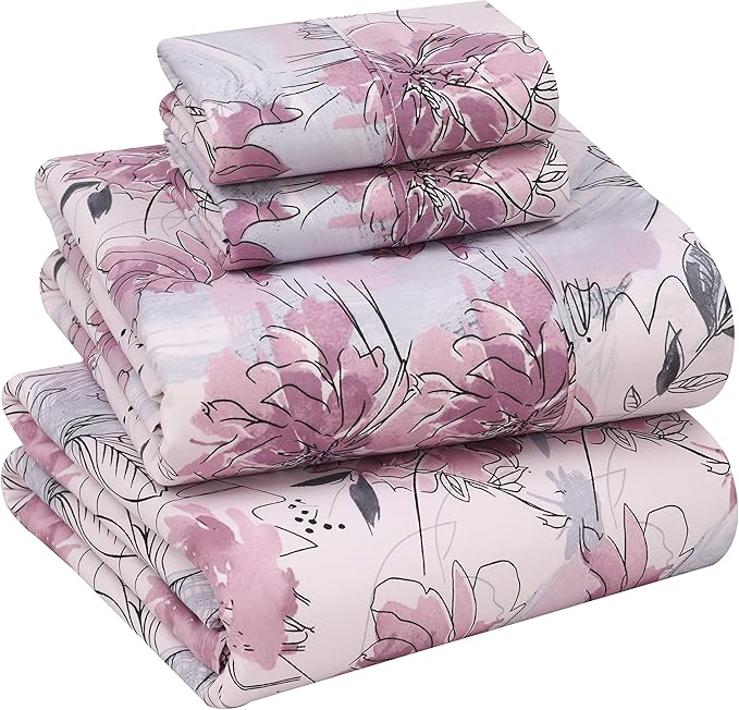 RUVANTI 100% Cotton California King Sheet Sets, 4 Pieces, Soft & Breathable Percale Weave Bedding, Deep Pocket 14", Hotel Standard, Crisp Cool Feel & Durable, Perfect Floral Sheets, Lilac Floral