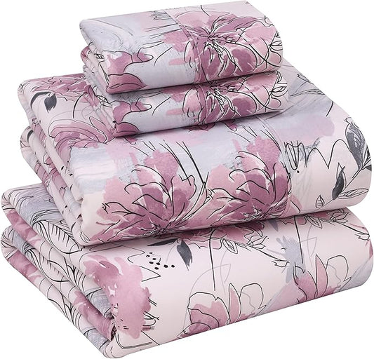 Ruvanti 100% Cotton Bed Sheets, 4 Pcs Bed Sets, Lilac Floral Print Full Size Sheets Set, Soft, Breathable, Deep Pocket Sheets, Cooling Bedding Sheets Set Include 1 Flat, 1 Fitted Sheet, 2 Pillowcases.