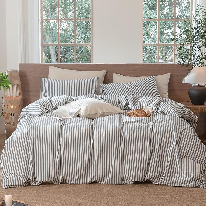 MooMee Striped Duvet Cover Set 100% Washed Cotton Linen Like Textured Breathable Durable Soft Comfy (Dark Grey White Classic Stripes, Oversized King Plus 128"x120")