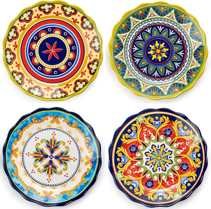 UNICASA Ceramic Dinner Plate Set of 4, 10.5 Inch Porcelain Pasta Plates Set– Serving Dishes for Salad, Steak, Colorful Boho Decoration, Microwave & Dishwasher Safe