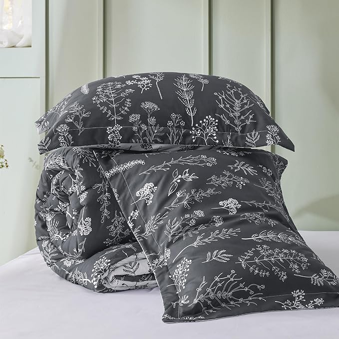 Bedsure Twin/Twin XL Comforter Set - Dark Grey Bed Set, 2 Pieces Cute Floral Bedding, 1 Soft Reversible Botanical Flowers Comforter and 1 Pillow Sham