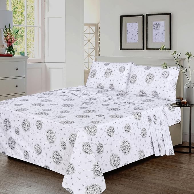 RUVANTI 100% Cotton Full Size Bed Sheets, 4 Pieces, Soft & Breathable Percale Weave Bedding, Deep Pocket 16", Hotel Standard, Crisp Cool Feel, Durable, Perfect Sheet Set Floral, Dandelion