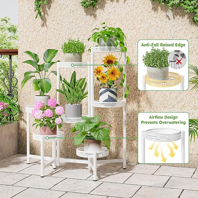 7 Tier Plant Stand Indoor Outdoor, Corner Tiered Plant Stands, Planter Display Rack for Multiple Plants, Wrought Iron Flower Stand, Folding Tall Plant Rack Shelf for House Patio Garden - WhiteWave