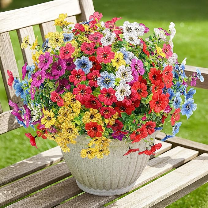 Artificial Spring Flowers Outdoor Faux Plants UV Resistant Fake Patio Flowers Plastic Greenery Plnats Outside Bulk for Spring Garden Hanging Planter Home Vase Decor, 12 Bundles (Multicolor)