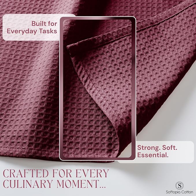 Burgundy Kitchen Towels – Waffle Weave, 100% Cotton, Soft & Absorbent, Fast Dry, Durable, 16x26 Inches, Perfect for Dish Drying, Bar, Cleaning, Hand Wipe and Everyday Use, Set of 4