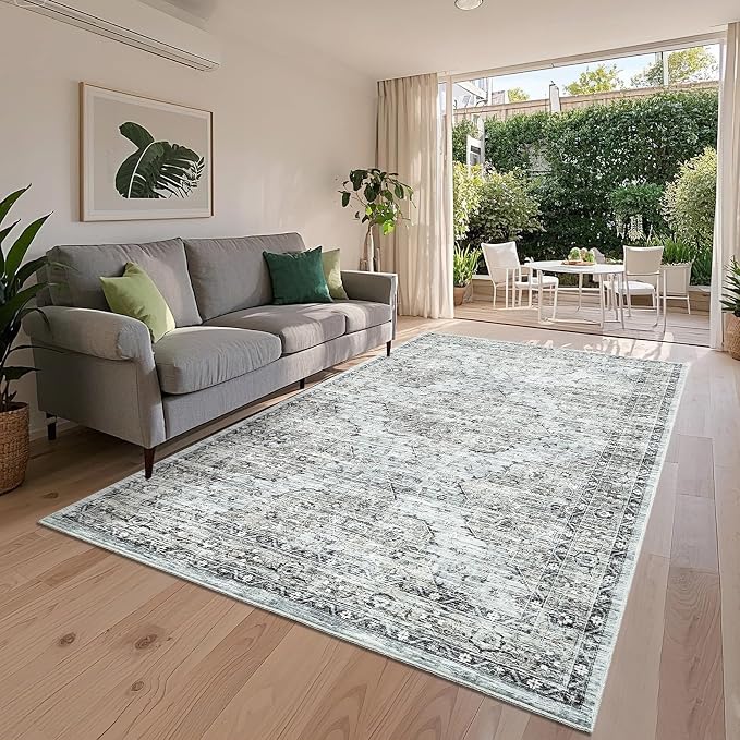 Washable 9x12 Boho Vintage Area Rugs for Living Room Non-Slip Distressed Large Rugs for Bedroom Dining Room Nursery Neutral Oriental Throw Thin Foldable Carpet for Playroom Vintage Carpet, Blue Brown