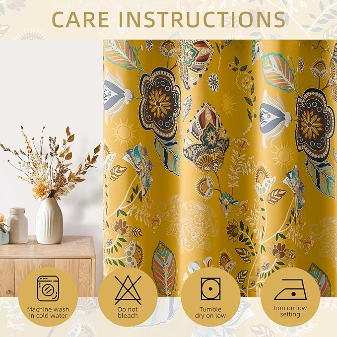 XiDi Vintage Floral Patterned Curtains Blackout 102 Inches Long 2 Panels for Bedroom Thermal Insulated Luxury Curtains with Botanical Leaf Printed Design Grommet Drapes Mustard Yellow 52x102