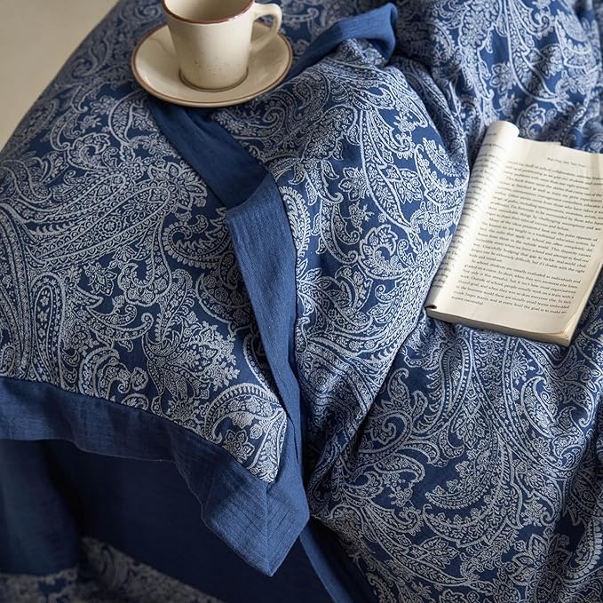 Navy Blue Paisley Floral Duvet Cover Queen Premium Yarn-Dyed Cotton Linen Duvet Cover Elegant Jacquard Boho Bedding Set Queen Vintage Paisley Flower Duvet Cover Cozy Breathable Floral Bedding Set