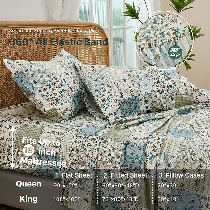 Shabby Chic Floral Patchwork Sheets Set King Size, Crisp Cooling Sheets with a Smooth Cotton Percale Lightweight Feel, 4 Pieces Luxury Soft Deep Pocket Fitted Sheet 17.5''