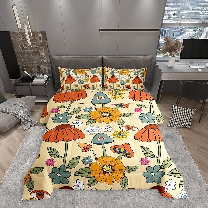 Castle Fairy Retro Flowers Comforter Set Full Size,70s Floral Mushroom Bedding Comforters Room Decor,Art Hippie Plant Eye Print Quilt Set with 2 Pillowcases,Teens Present