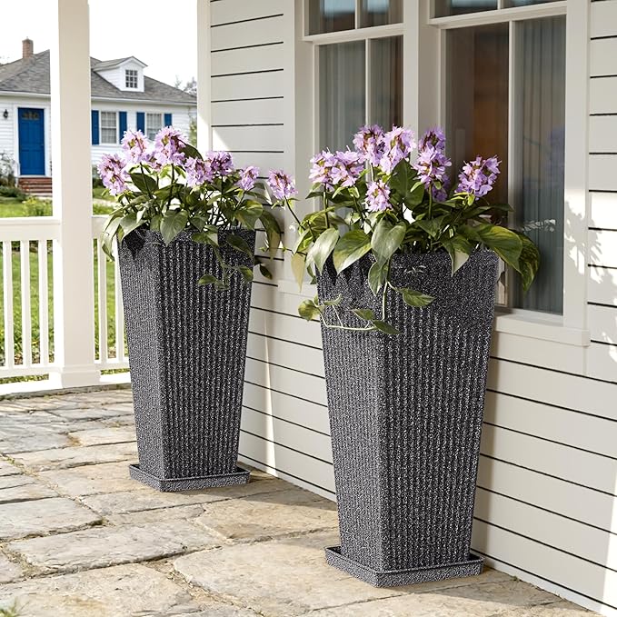 Square Tall Planters for Outdoor Plants Set of 2-23.6" Heavy-Duty Classic Tapered Indoor Flower Pots with Drainage Holes/Partition/Tray, Large Outdoor Planters for Porch Patio Garden, Grey