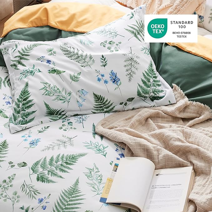 Bedsure Duvet Cover Queen Size - Reversible Plants Duvet Cover Set with Zipper Closure, 3 Pieces Green Bedding Set with 8 Corner Ties and 2 Pillow Shams 20"x26"