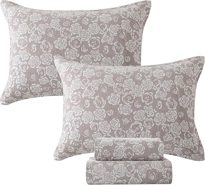 FADFAY Rose Sheets Set King Vintage Curry Floral Bedding Shabby Farmhouse Bedding Super Soft Washed Double -Layer Muslin Sheets Luxury 100% Cotton Breathable Deep Pocket Fitted Sheet 4Pcs, King Size