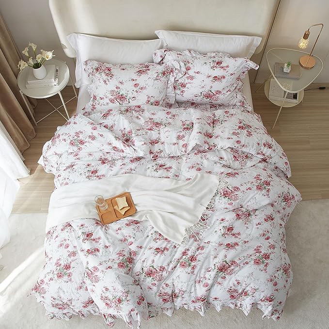 Ruffle Comforter Set Full Pink Red Floral Comforter Princess Lace Floral Bedding Set Soft Microfiber Botanical Bedding Comforter Set 1 Flower Ruffled Comforter with 2 Pillowcases for Teen Girls