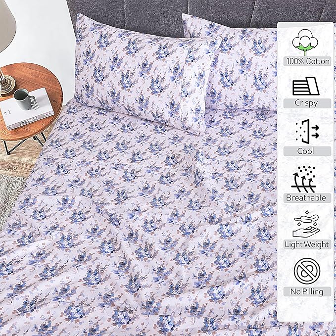 RUVANTI 100% Cotton Twin Sheets Set, 3 Pieces, Soft & Breathable Percale Weave Bedding, Deep Pocket 16", Hotel Standard, Crisp Cool Feel, Durable, Perfect Floral Bed Sheet, Maple