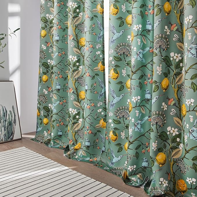 Sage Green Boho Floral Pinch Pleated Curtains 72 Inches Long for Living Room Bedroom Luxury Whimsical Lemon Hummingbird Patterned Waverly Mid Century Colorful Pinch Pleated Blackout Drapes 2 Panels