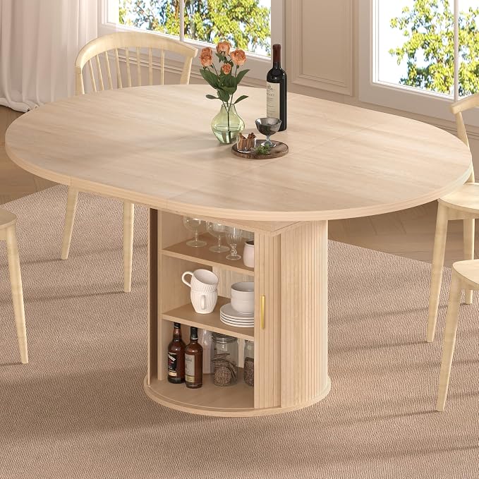 DHH 47"-63" Extendable Round Dining Table for 4–8 with Storage, Mid Century Modern Farmhouse Wood Oval Dinner Table with Pedestal Base for Kitchen, Living Room (Natural Wood)