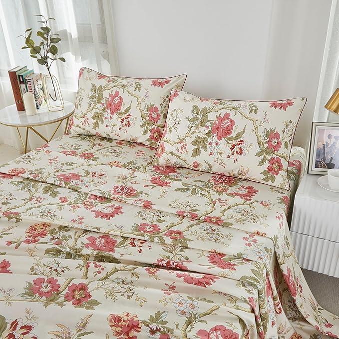 Brandream King Size Sheets Set Floral Bedding Chinoiserie Blossom Farmhouse Luxury Grandmillennial Bedding Collections 100% Egyptian Cotton Deep Pocket, 4 Pieces - Asian Style Botanical Tree Branches
