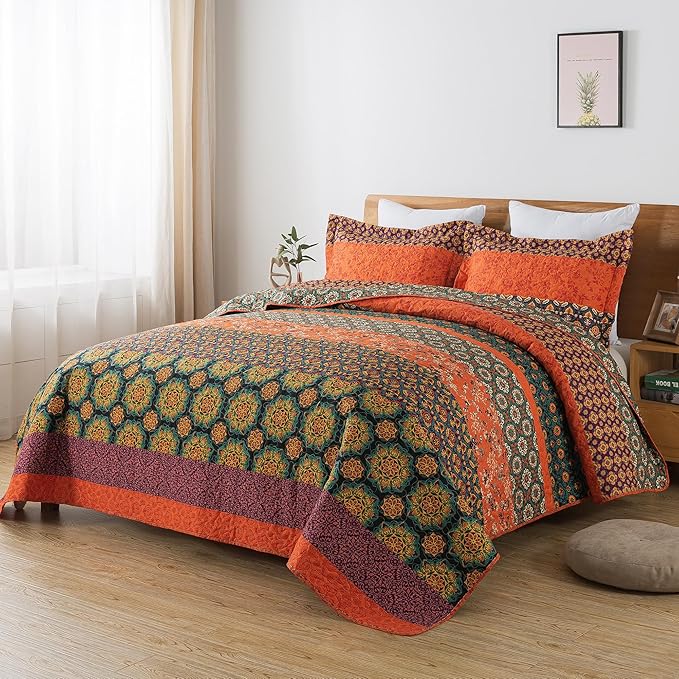 HoneiLife Quilt Sets King Size - 3 Pieces Microfiber Quilt Lightweight Bedspreads Wildflower Coverlets Retro Bed Cover King Quilt Bedding Set All Season Quilts-Pumpkin