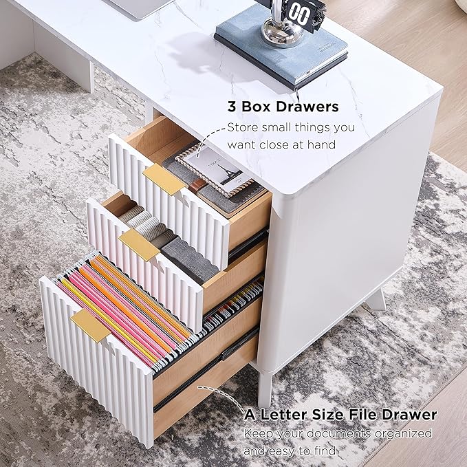 T4TREAM Fluted Executive Desk with Drawers, 60" Modern Home Office Computer Desk with Charging Station, File Cabinet, Keyboard Tray and Storage Cabinet for Study, Living Room, Bedroom, Solid White