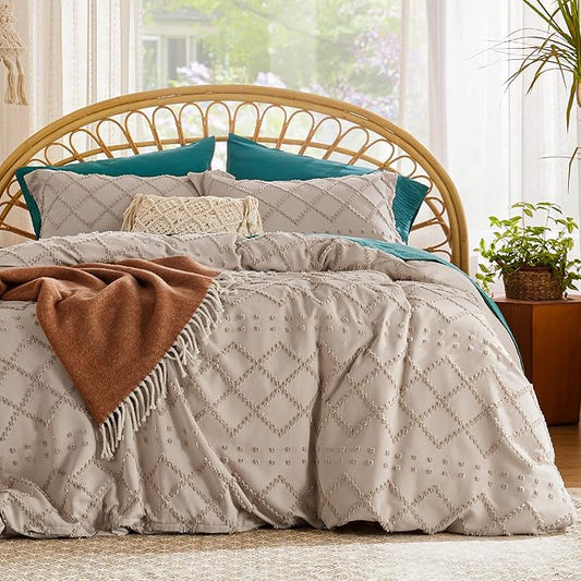 Bedsure Boho Duvet Cover Queen Size - Khaki Breathable & Soft Boho Bedding, Machine Washable Comforter Cover for All Seasons, Includes 1 Duvet Cover 90"x90" with 2 Pillow Shams & Zipper Closure
