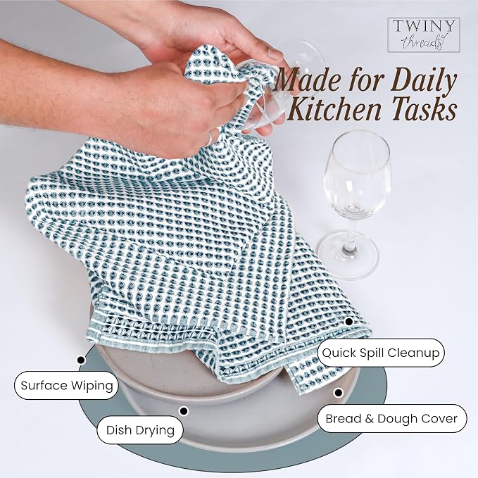 TWINY threads Circle Waffle Kitchen Dish Towels 16x26 Inches, Set of 4, 100% Cotton, Premium Quality, Durable, Waffle Texture, Multi Use Cleaning Cloths, Ideal for Home Kitchens, Hotels, Teal Green