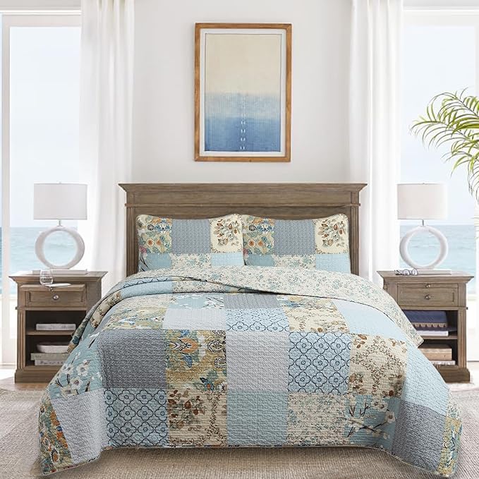 Cozy Line Home Fashions 100% Cotton Classic Patchwork Bedding Quilt Set, Blue Gray Teal Taupe Floral Bohemian Style Reversible Bedspread Coverlet (Carolina Bloom, King - 3 Piece)