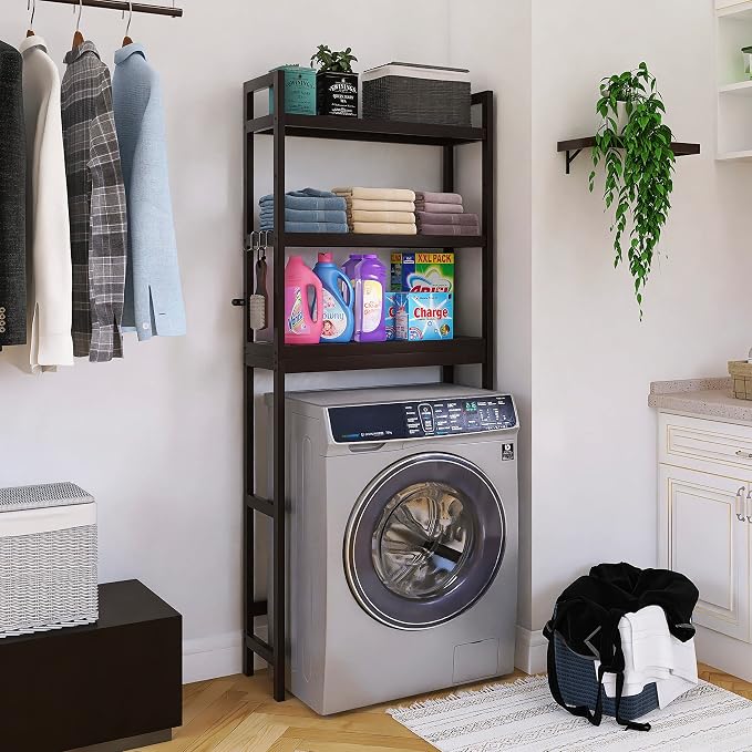 SMIBUY Bathroom Storage Shelf, Bamboo Over-The-Toilet Organizer Rack, Freestanding Toilet Space Saver with 3-Tier Adjustable Shelves (Dark Brown)