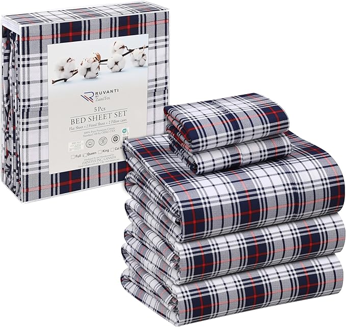 RUVANTI 100% Cotton Split King Sheets Sets for Adjustable Bed, 5 PCs, Soft & Breathable Percale Weave Bedding, Deep Pocket 16", Hotel Standard, Crisp Cool Feel & Durable, Floral Sheet, Prussian