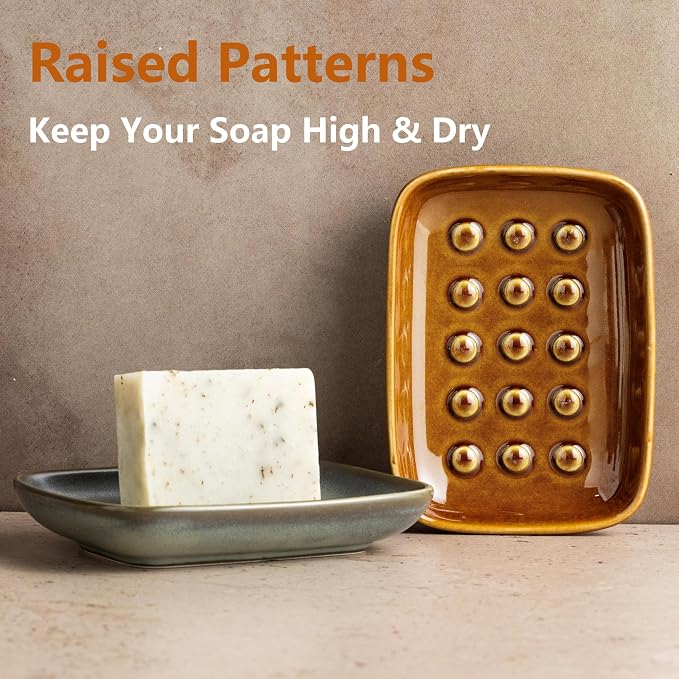 Miamolo Soap Dish for Shower, Ceramic Soap Dish for Bar Soap Sponge, Soap Holder Saver Tray for Bath Kitchen Sink Bathtub, Farmhouse Decor, Raised Pattern - Keep Soap Dry, Dark Brown