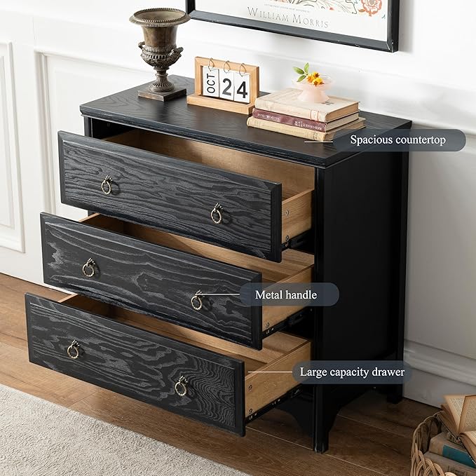 Chogori Solid Wood Dresser for Bedroom- Natural Wood Veneers & Water Based Paint Finished- Vintage Chests of Drawers, Small 3 Drawer Dresser (1, Black)