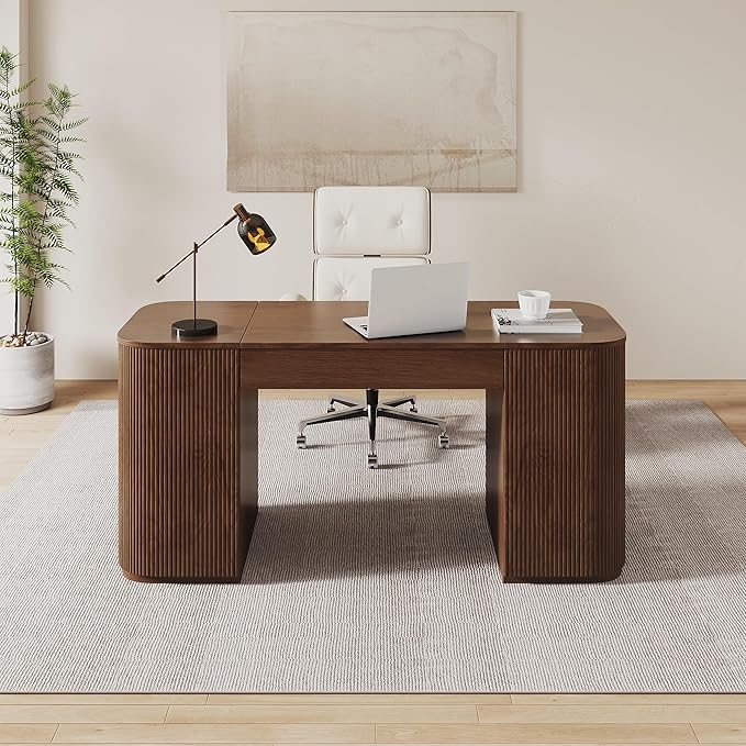 homary 59.8" Modern Standing Desk, Home Office Desk Engineered Wood Office Desk with Lift-Top & Ample Storage for Office, Study, Walnut