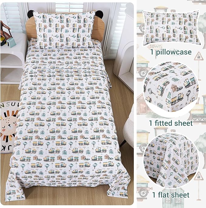 Viviland 3 Pieces Boys Brown Green Twin Sheet Set - Soft Microfiber Fitted Flat Sheets & Pillowcase - Country Train Town Bedding Sets - for Kids & Toddlers