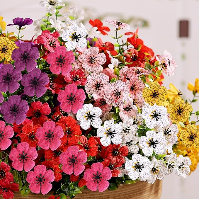 14 Bundles Artificial Flowers UV Resistant for Patio Outdoors Fake Faux Silk Plants Realistic Plastic Flowers Indoors Porch Window Decoration (14, Mixed Fuchsia Purple Yellow Red Lilac Pink White)
