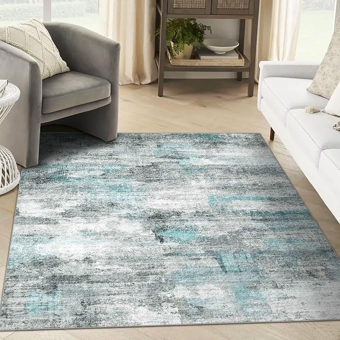 6x9 Area Rug, Ultra-Soft Washable Rug for Living Room, Dinner Room, Bedroom, Non-Slip Modern Abstract Rug, Indoor Carpet Large Area Rug, Teal