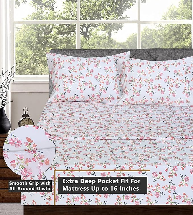 RUVANTI 100% Cotton King Size Sheets Set, 4 Pieces, Soft & Breathable Percale Weave Bedding, Deep Pocket 16", Hotel Standard, Crisp Cool Feel, Durable, Perfect Floral Bed Sheet, Bloomex