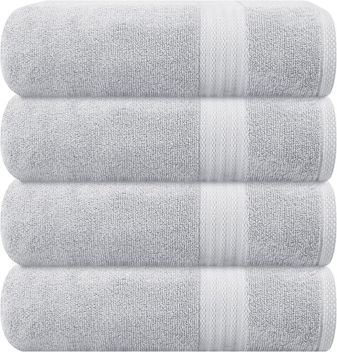 GLAMBURG Premium Cotton 4 Pack Bath Towel Set - 100% Pure Cotton - 4 Bath Towels 27x54 - Ideal for Everyday use - Ultra Soft & Highly Absorbent - Light Grey