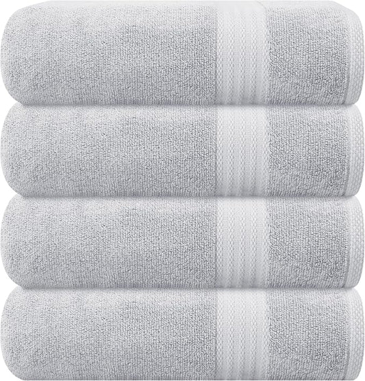 GLAMBURG Premium Cotton 4 Pack Bath Towel Set - 100% Pure Cotton - 4 Bath Towels 27x54 - Ideal for Everyday use - Ultra Soft & Highly Absorbent - Light Grey
