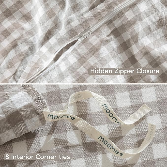 MooMee Gingham Duvet Cover Set 100% Washed Cotton Linen Like Textured Breathable Durable Soft Comfy Modern Checkered Design (Tannish Linen Grey Gingham, Super King 108"x98")