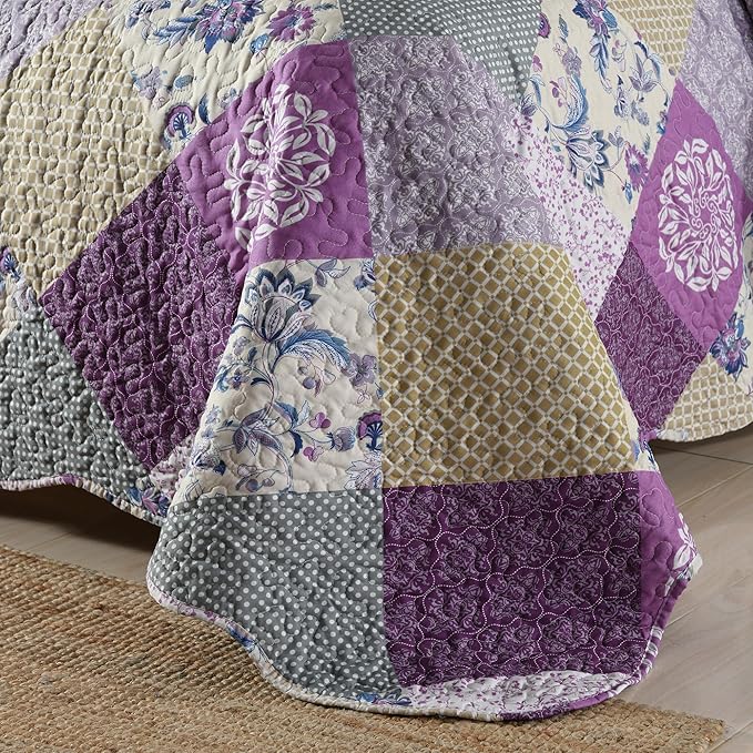 HoneiLife Quilt Set King Size - 3 Piece Microfiber Quilts Reversible Bedspreads Patchwork Coverlets Floral Bedding Set All Season Quilts- Late Spring,King