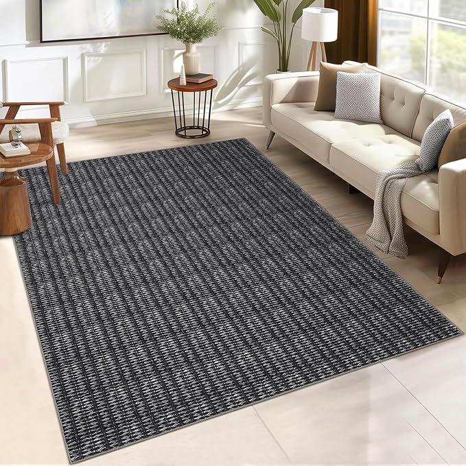 9x12 Area Rug Washable Modern Braided Rug for Living Room Low Pile Soft Bedroom Rugs Non Slip Modern Indoor Large Carpet Thin Foldable Distressed Woven Print Carpet for Nursery Dining Playroom, Black