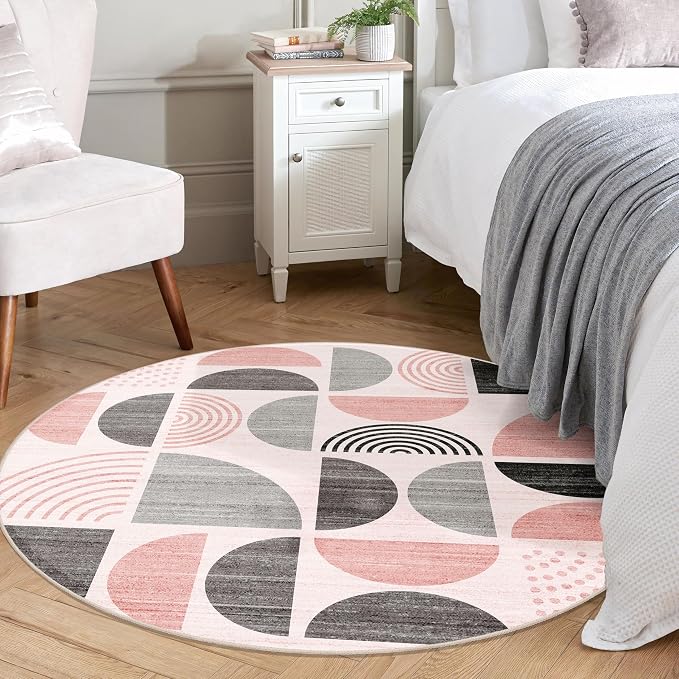 MUJOO Round Rug 4ft,Small Circle Area Rug Washable,Circular Rugs for Entryway Bedroom Kitchen,Boho Non Slip Throw Floor Carpet Modern Abstract Pink and Grey