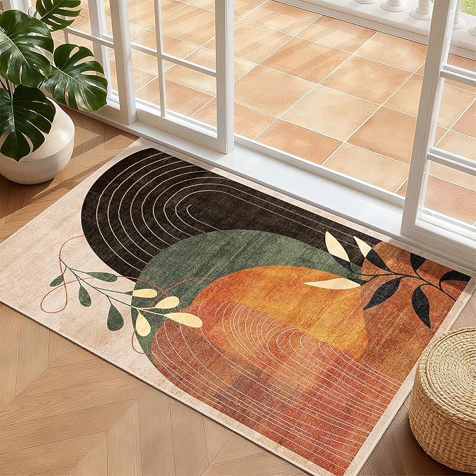 MUJOO 2x3 Washable Rug Small Area Rugs for Entryway Kitchen Bedroom,Boho Non Slip Throw Carpet for Bathroom Entrance Door Mat Mid Century Modern Abstract Botanical Geometric Accent Terracotta