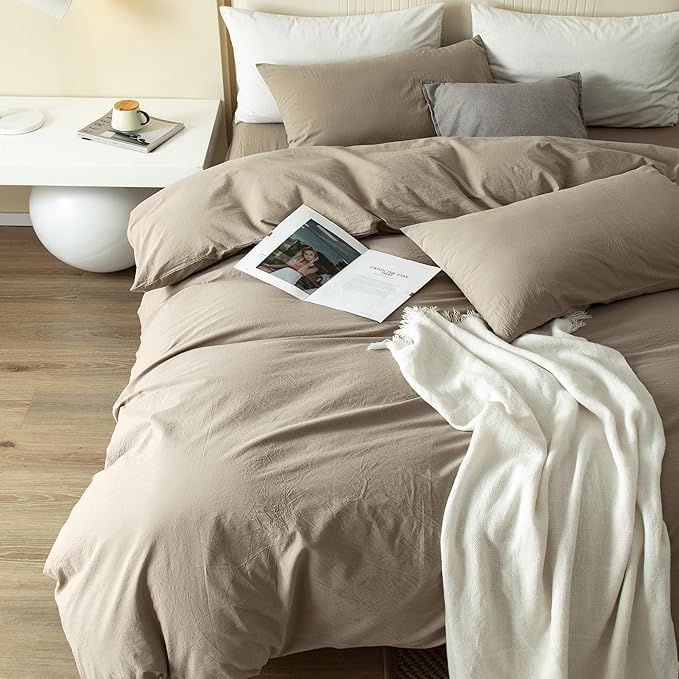 JIYUAN 100% Washed Cotton Duvet Cover Set 3 Pieces Oversized Queen, 1 Duvet Cover 98x98 Inches(Comforter Not Included) and 2 Pillowcases,Linen Feel Bedding Set Comfy and Breathable,Khaki