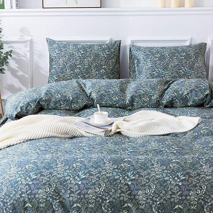 Blue Floral Duvet Cover Queen Vintage Flower Pattern Duvet Cover 100% Cotton Garden Style Comforter Cover Chic Botanical Floral Bedding Sets for Girls Women 1 Queen Duvet Cover with 2 Pillowcases