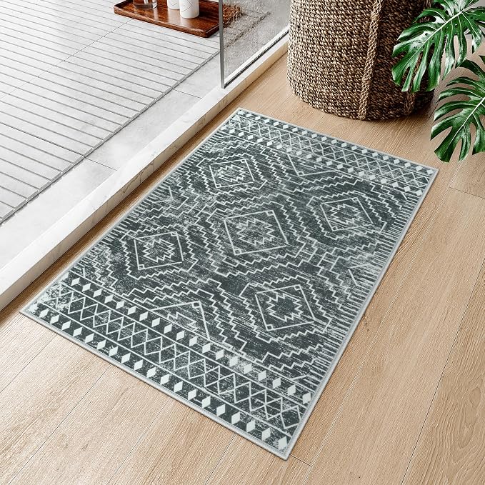 Wonnitar Moroccan Bathroom Rug,Washable 2x3 Small Bath Mat, Boho Tribal Soft Kitchen Sink Mat, Non-Slip Geometric Entry Way Rug, Low-Pile Indoor Carpet for Bedside Entrance Laundry (Dark Grey,2'x3')