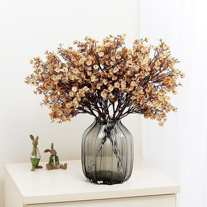 Babys Breath Silk Artificial Flowers Bulk With Vase 10pcs for Fall Decor Fake flower bouquet Bulk for Home Kitchen Indoor Bouquet Floral Arrangement Table Centerpieces Party Decor(Khaki With Vase)